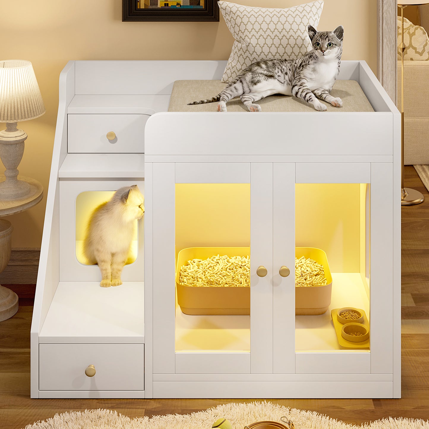 GO Cat Litter Box Enclosure With  Light , Hidden Litter Box Furniture With 2 Storage Drawers, Indoor Cat House Side Table For Living Room, White