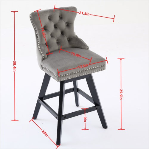 Swivel Velvet Barstools With Button Tufted Decoration And Wooden Legs, And Chrome Nailhead Trim, Leisure Style Bar Chairs,Bar Stools, Set Of 2 Gray,SW1860GY