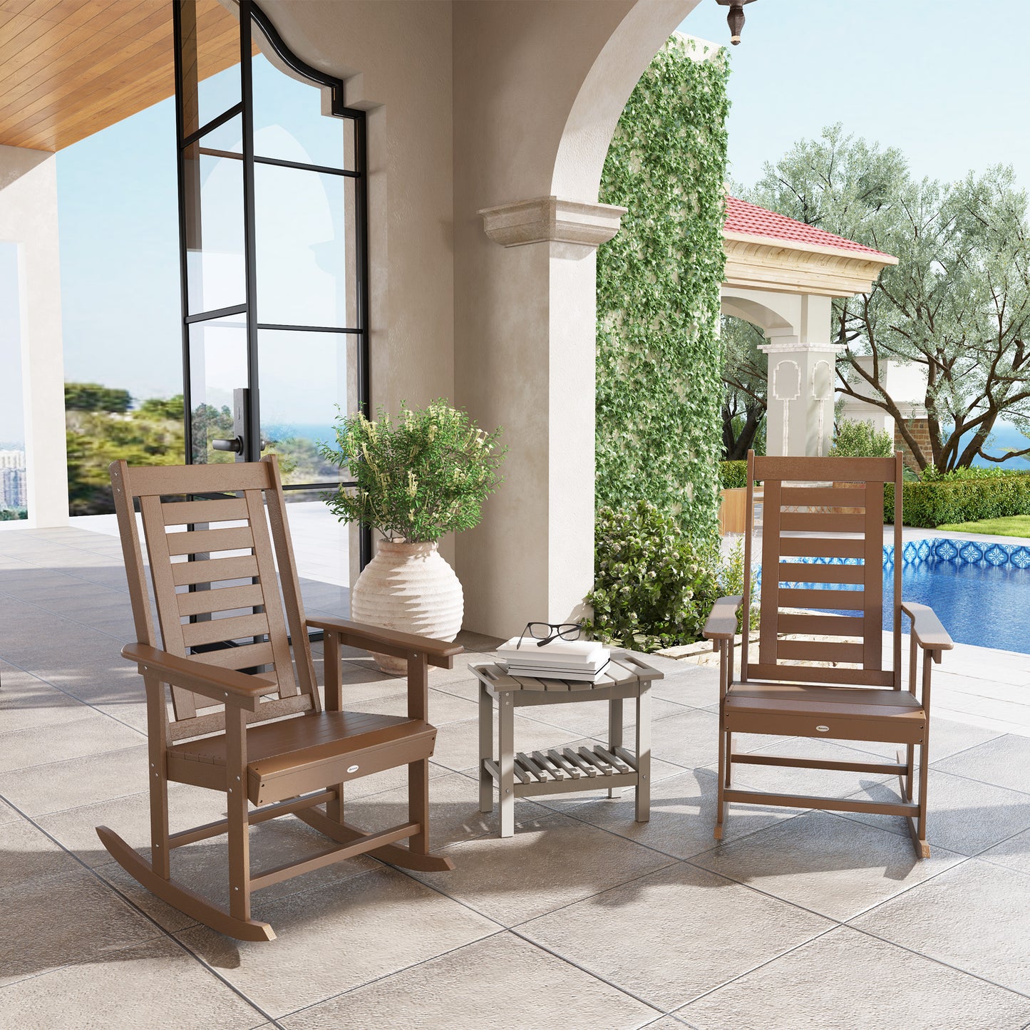 2 Pieces Outdoor Rocking Chairs, HDPE Patio Rockers With 28" High Back, Wide Armrests For Porch Backyard, Brown