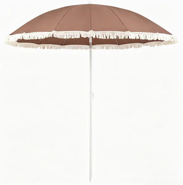 7 FT Boho Patio Umbrella With Fringe Tassel, 30' Adjustable Tilt Outdoor Sun Canopy, Portable 2-Section Metal Beach Umbrella
