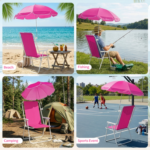 1 Pack Folding Beach Chair With Umbrella, XL Size, 15inch Seat Height, Pink, Steel Spring Chair With Cross Bar, Oxford Cloth, 120kg Capacity