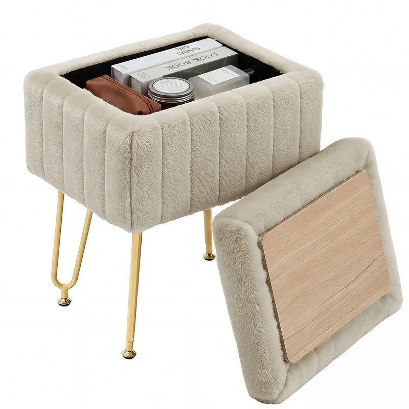 A Luxurious Seating Chair With Storage Function, A Small Oval Leather Imitation-fur Soft Cushioned Footstool, Equipped With 4 Metal Legs