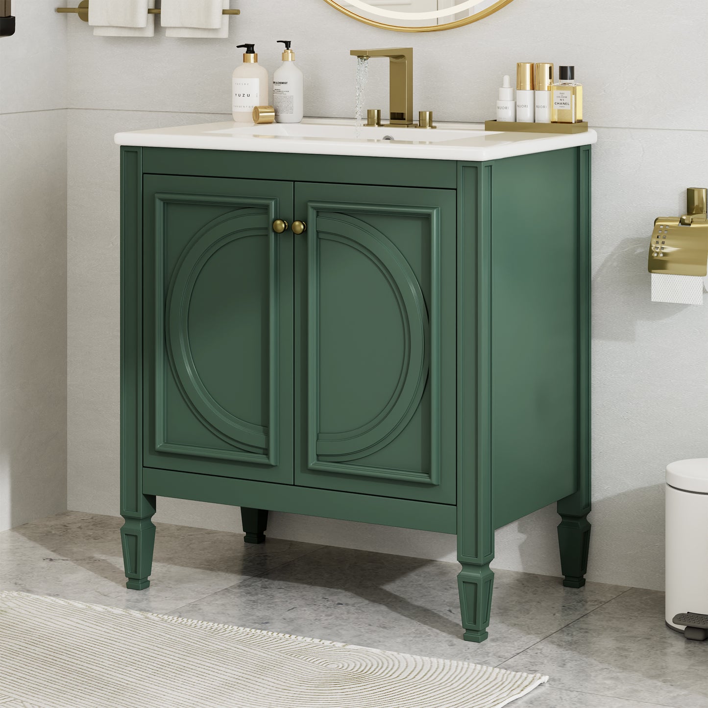 30  Bathroom Vanity With Sink, Two Doors With Shelf, Soft Close Door Hinges, Vintage Style, Green