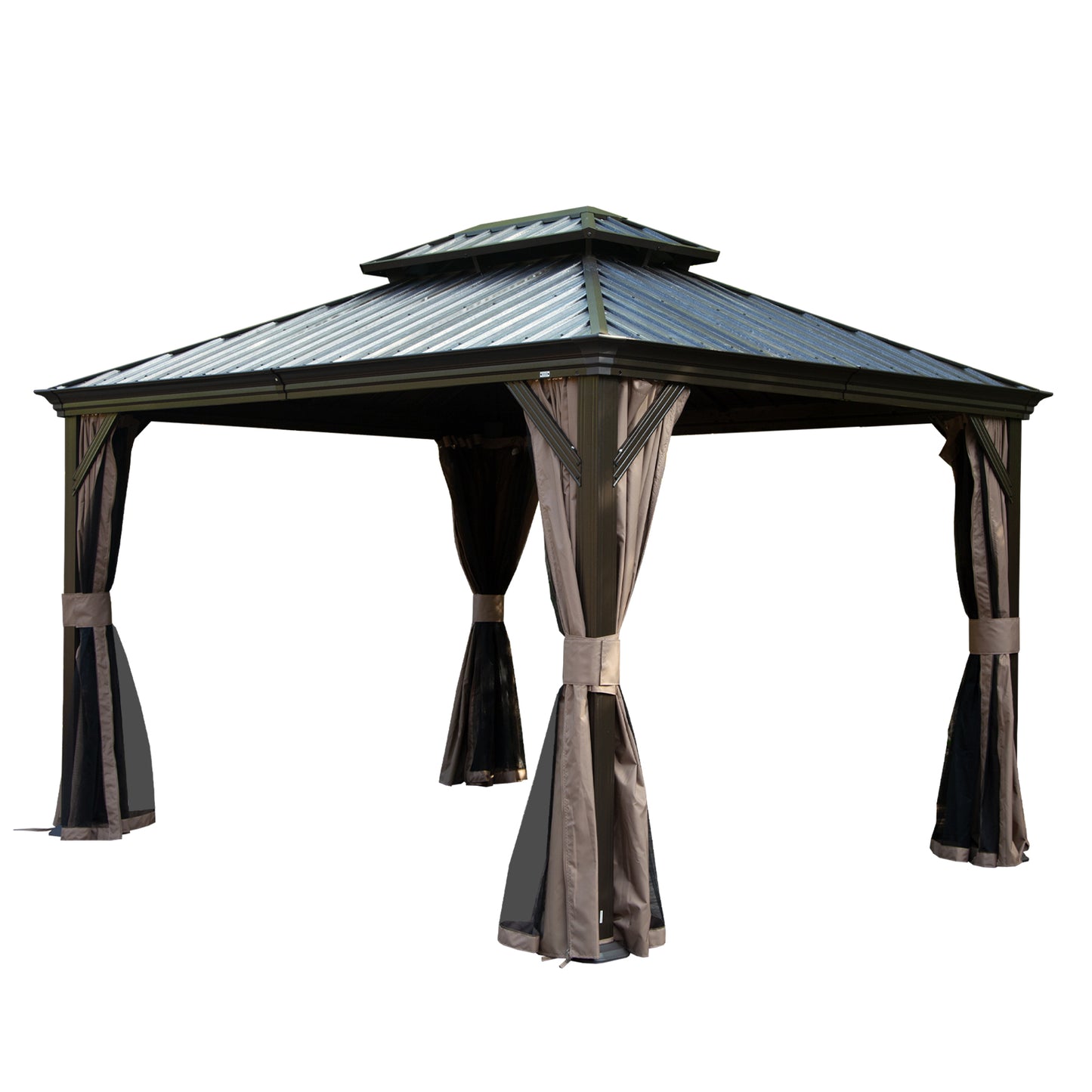 10  X 12  Hardtop Gazebo, Upgraded Metal Gazebo With Drainage System, Dual-Layer Galvanized Steel Roof, Curtain And Netting, Outdoor Shelter Canopy For Patio, Garden, And Backyard, Brown