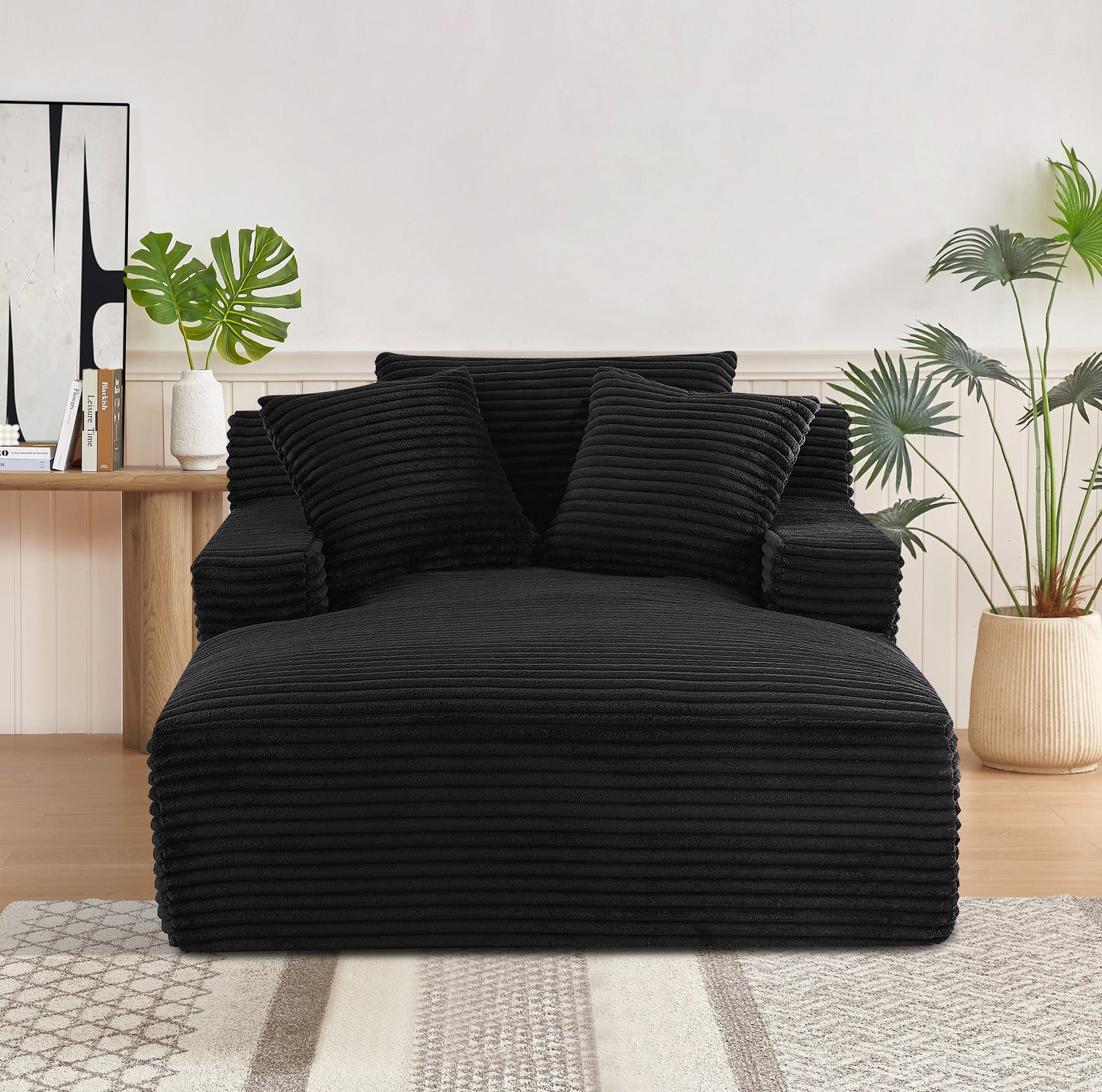 Cloudline Oversized Chaise Lounge Chair In Soft Corduroy, Modern Comfy Couch With Full Foam Cushioning, Cozy Sleeper Sofabed For Living Room, Bedroom, No Assembly Required, Black