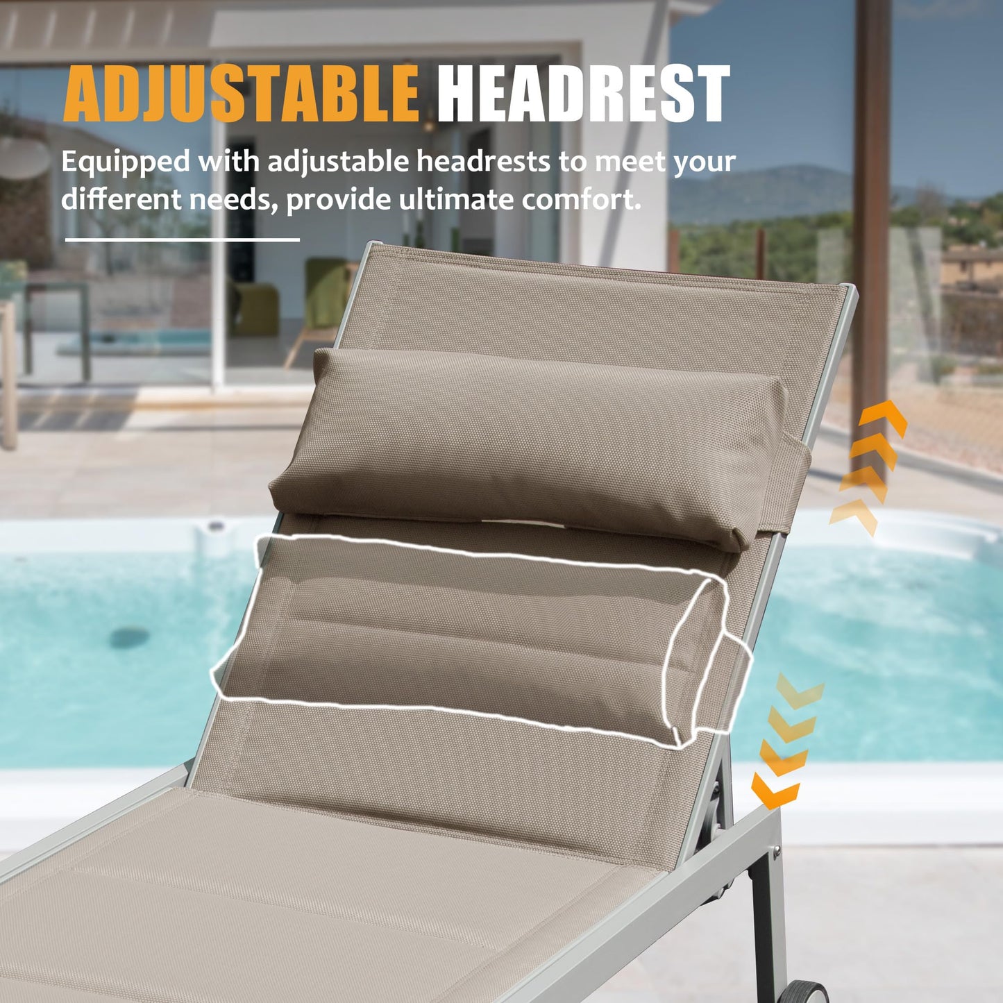 Outdoor Patio Chaise Lounge Set Of 3, Aluminum Pool Lounge Chairs With Side Table And Wheels, Textilene Padded Adjustable Recliner All Weather For Poolside, Beach, Yard, Balcony   Khaki