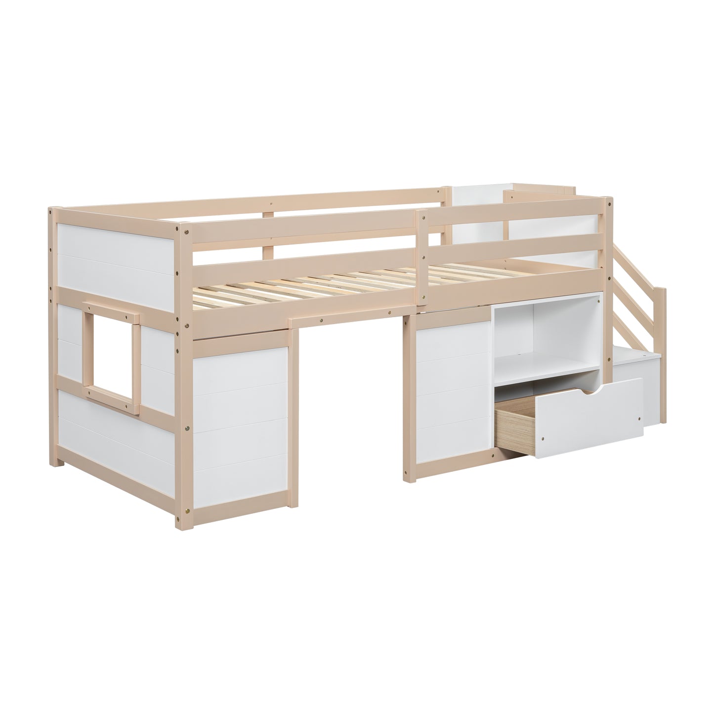 SOLID WOOD TWIN SIZE LOW LOFT BED WITH STAIR, DRAWER, AND SHELF FOR CREAM   WHITE COLOR