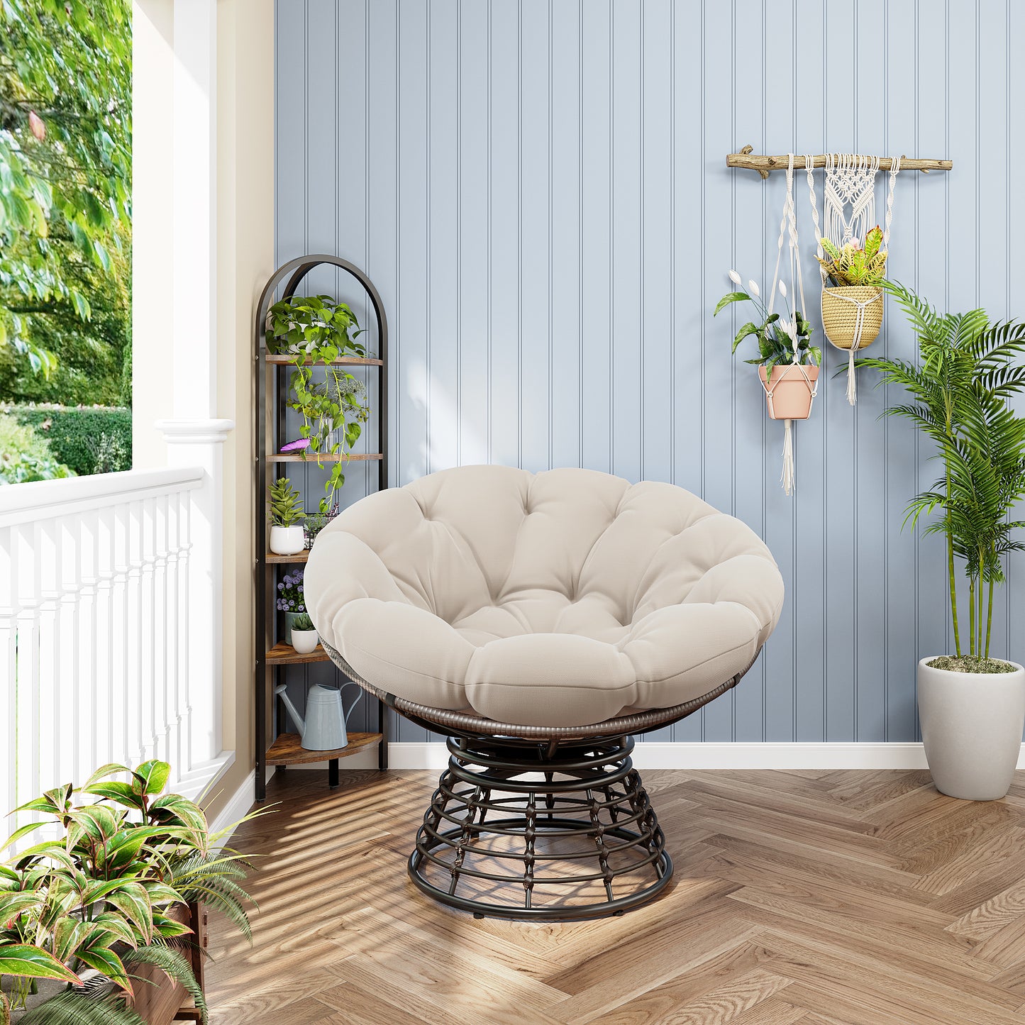 Comfortable Ergonomic Wicker Papasan Chair, 360 Swivel Indoor Outdoor Rattan Chair With Soft Thick Cushion, Ideal For Living Room, Bedroom, Reading Room, Brown Frame With Beige Cushion