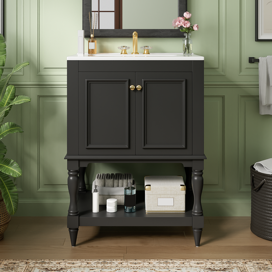 24 Inch Modern Luxury Bathroom Vanity With Ceramic Sink, Bathroom Cabinet With Open Shelf And Closed Storage