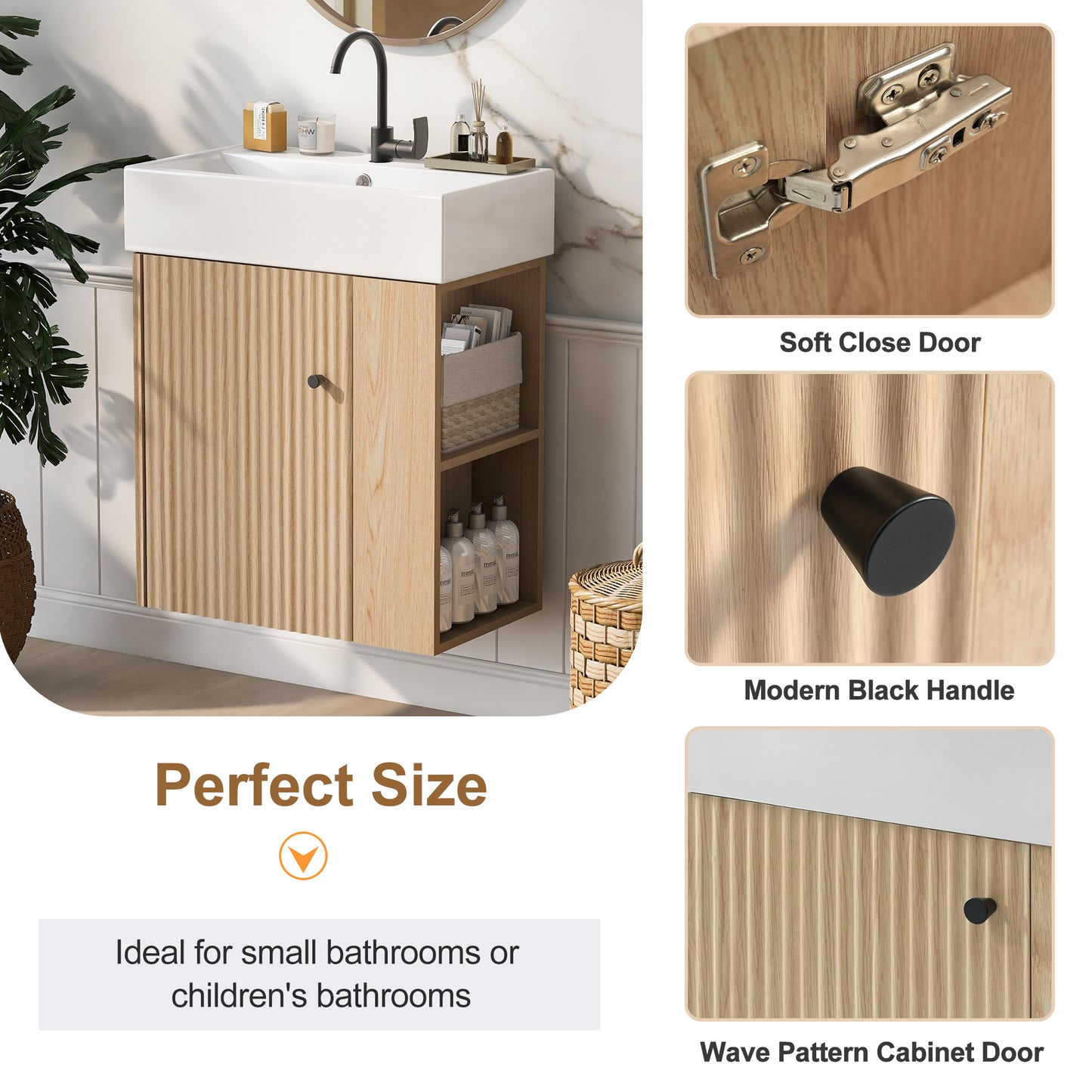 21.6  Modern Floating Bathroom Vanity With Ceramic Basin - Perfect For Small Bathrooms, Right Side Storage