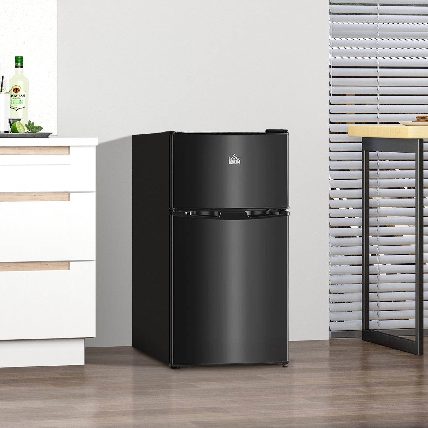 3.2 Cu.Ft Mini Fridge With Freezer, Double Door Compact Refrigerator With Adjustable Thermostat, Shelf And Reversible Door For Bedroom, Dorm, Home Office, Energy Efficient, Black