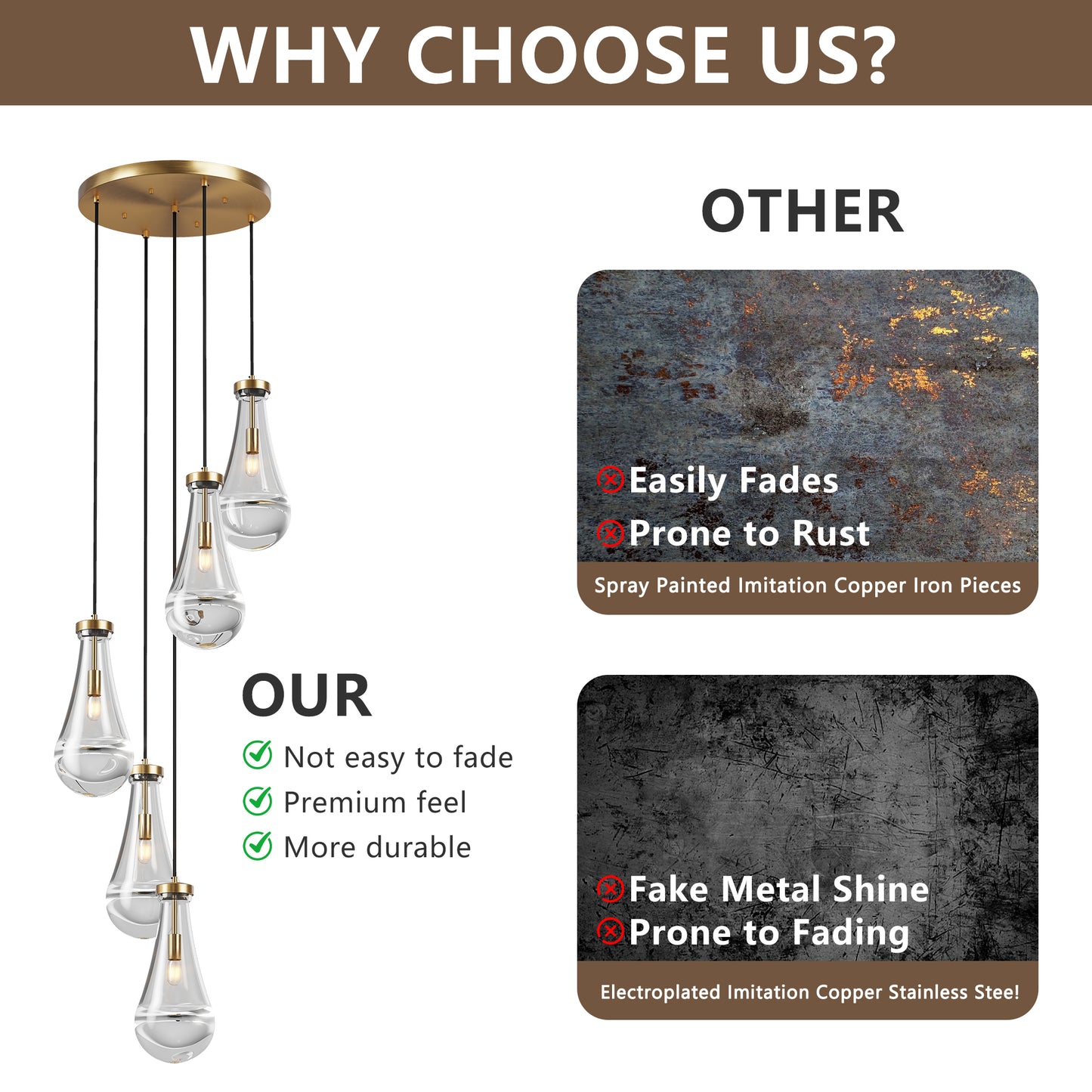 5 Light Cluster Pendant Light, Brass High Ceiling Chandeliers Adjustable, Living Room Pendant Light, Foyer Chandeliers, Stairwell Pendant Lights,E12 Not Including Bulb