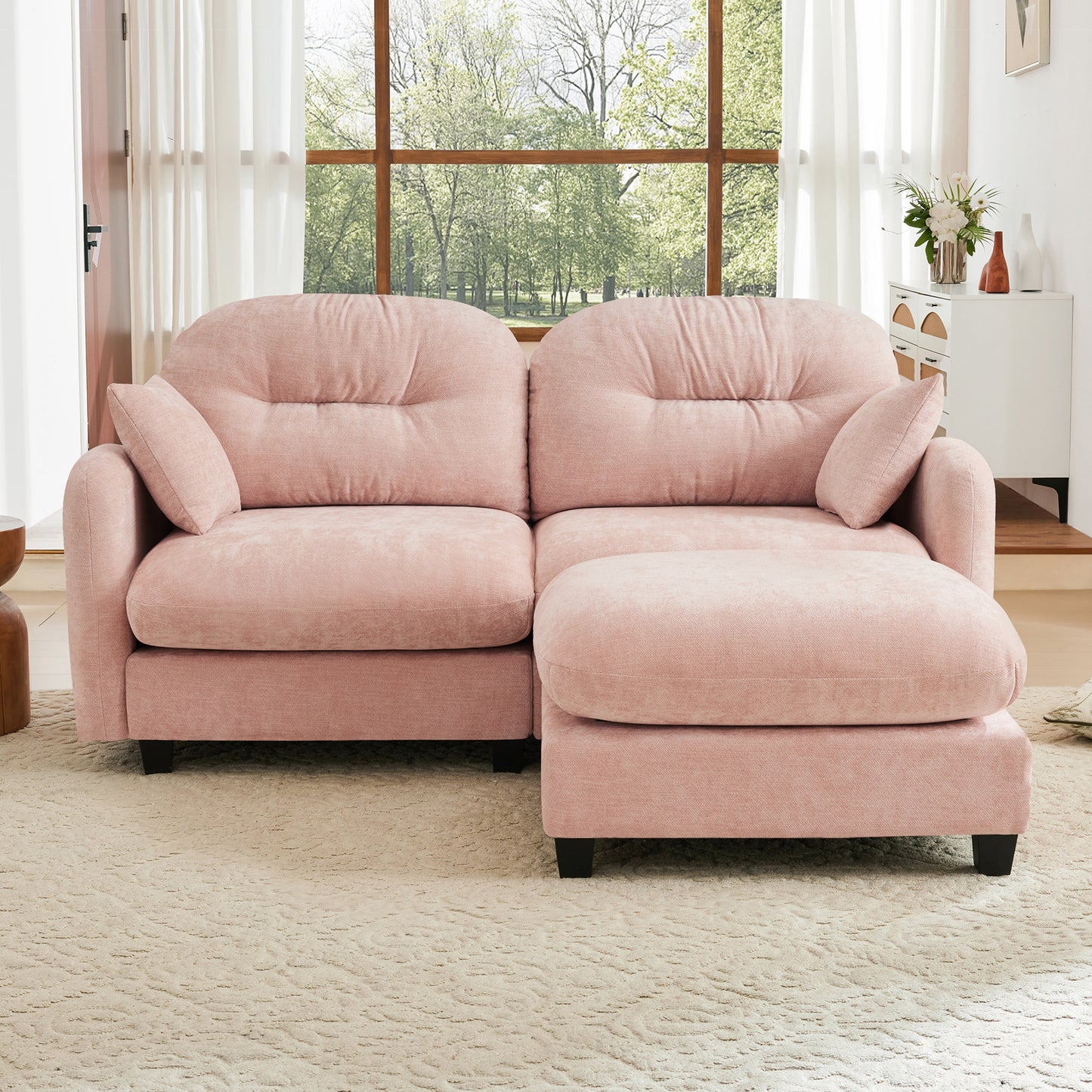 Cloud Sectional L-Shaped Couch With Ottoman,Soft Chenille Fabric,Quilted Pleated Design High-Density Foam,Fits Bedrooms Living Rooms Reading Nooks,Pink