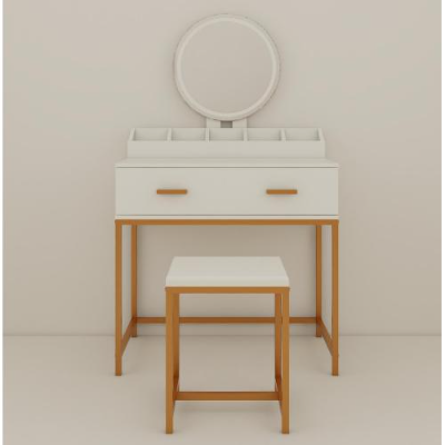 Vanity Set With Mirror And Stool - Makeup Vanity Table With Storage Drawers And Organizer, White And Gold, Space-Saving Design For Small Bedrooms