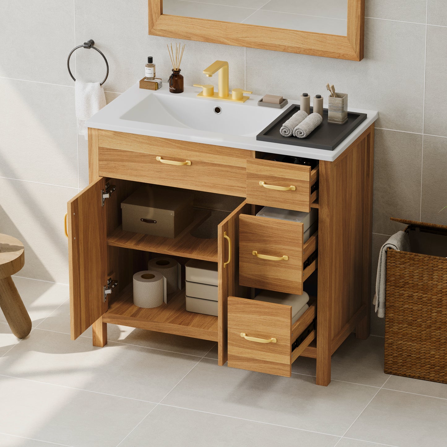 36  Wood Bathroom Vanity With Solid Wood Frame, 2 Soft Close Doors, 3 Soft Close Drawers, Adjustable Shelf, Modern Storage Cabinet For Small Bathrooms