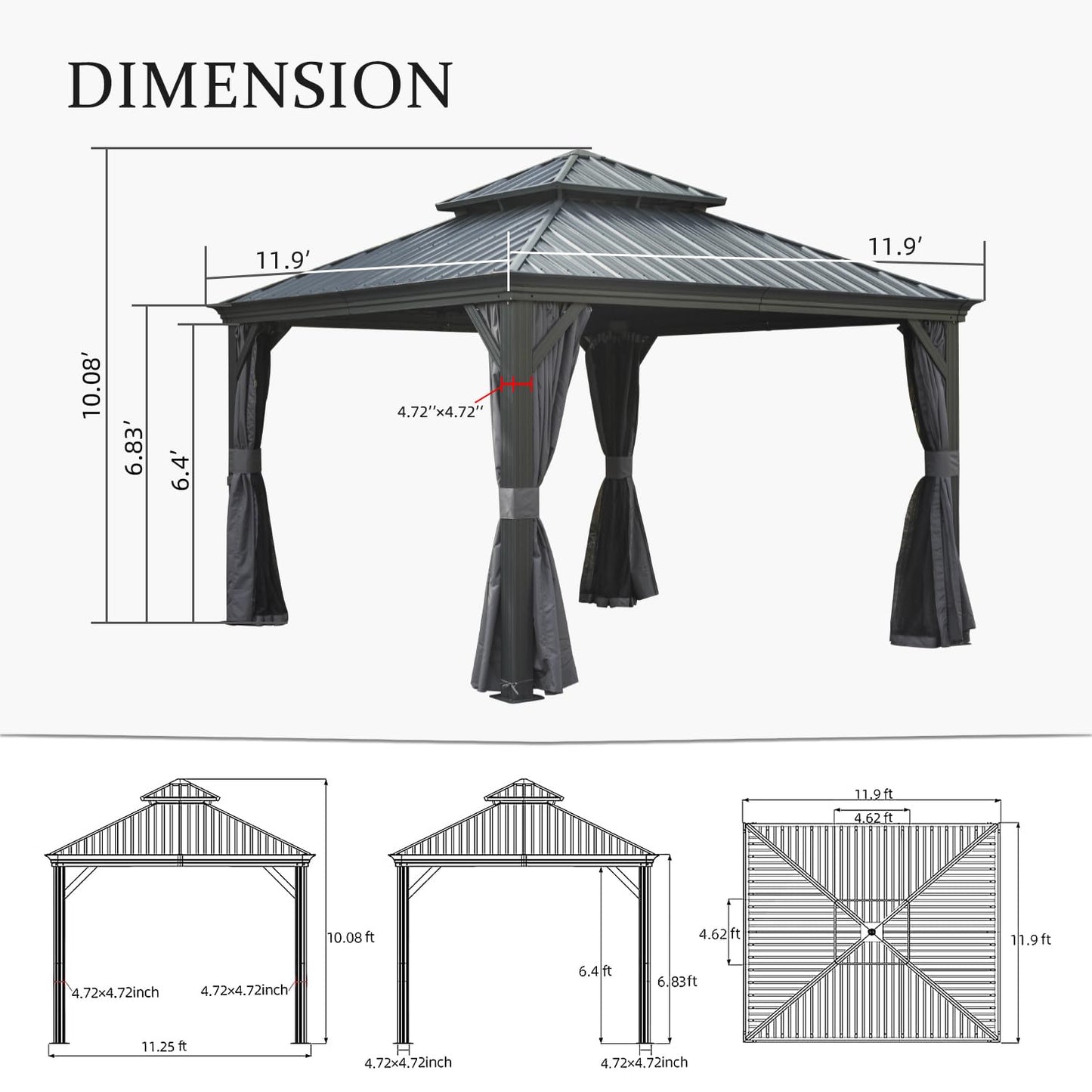 12 X12  Hardtop Gazebo Canopy,Outdoor Aluminum Gazebo With Galvanized Steel Double Roof,Permanent Gazebos With Drainage System,Curtain And Netting Included,Grey