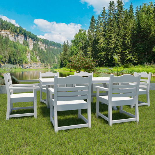 Patio Dining Chair With Armset Set Of 2, Pure White With Wood Grain Wexture,HIPS Material