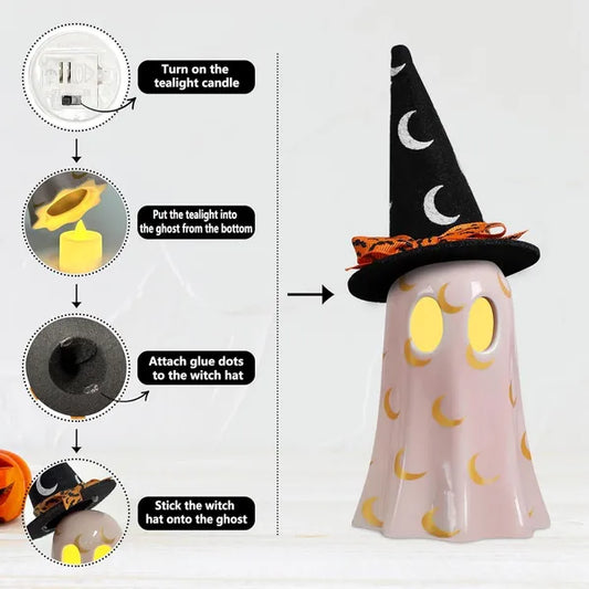 Halloween Decor Indoor, Set Of 3 Ceramic Ghosts With Witch Hats, Cute Spooky Ghost Figurines For Mantel, Shelf & Tabletop Decor, Halloween Decorations
