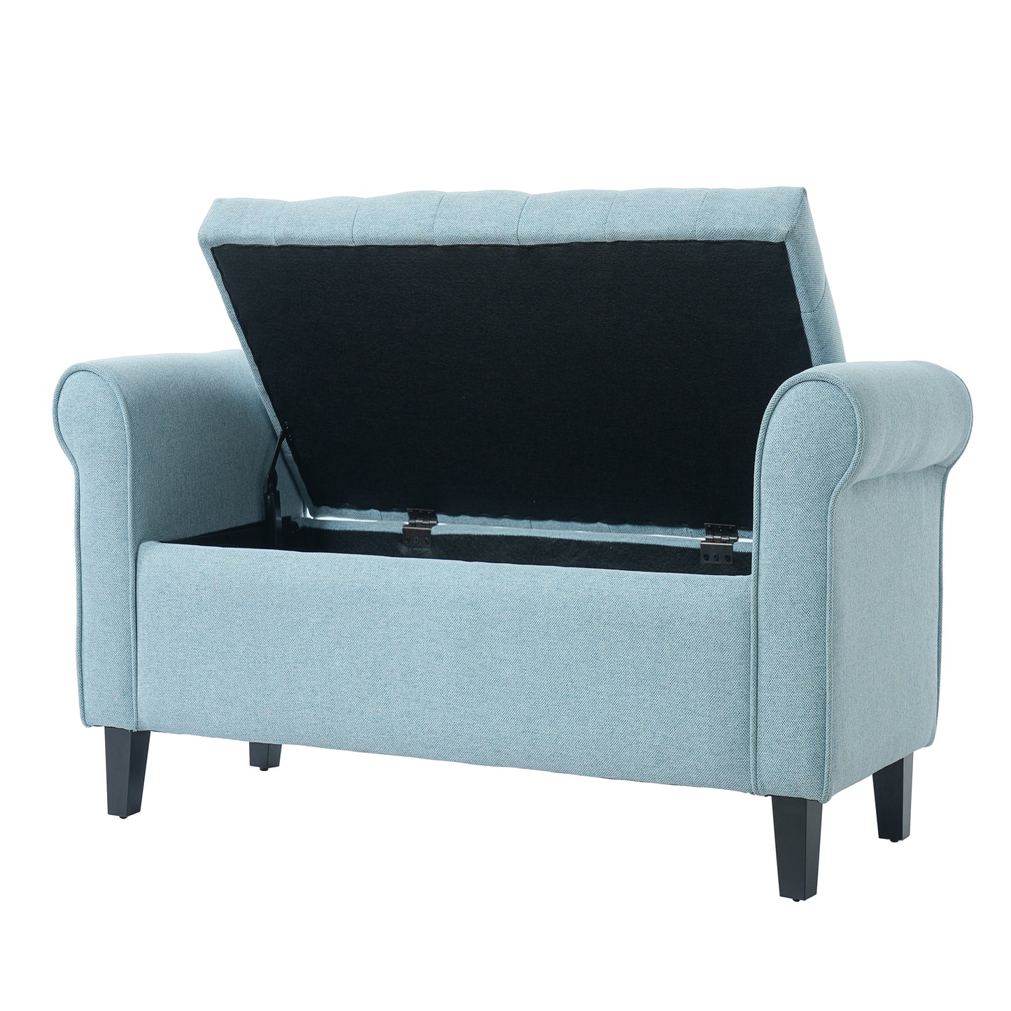 Light Blue Fabric Storage Bench With Rolled Arms, 38  Seat Width,  Black Legs, Button Fabric Design, Living Room Bedroom Entryway Furniture