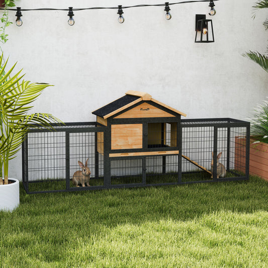 Wooden Rabbit Hutch Outdoor, 85" Large Bunny Cage With Steel Run, Removable Plastic Tray, Asphalt Roof, Ramp