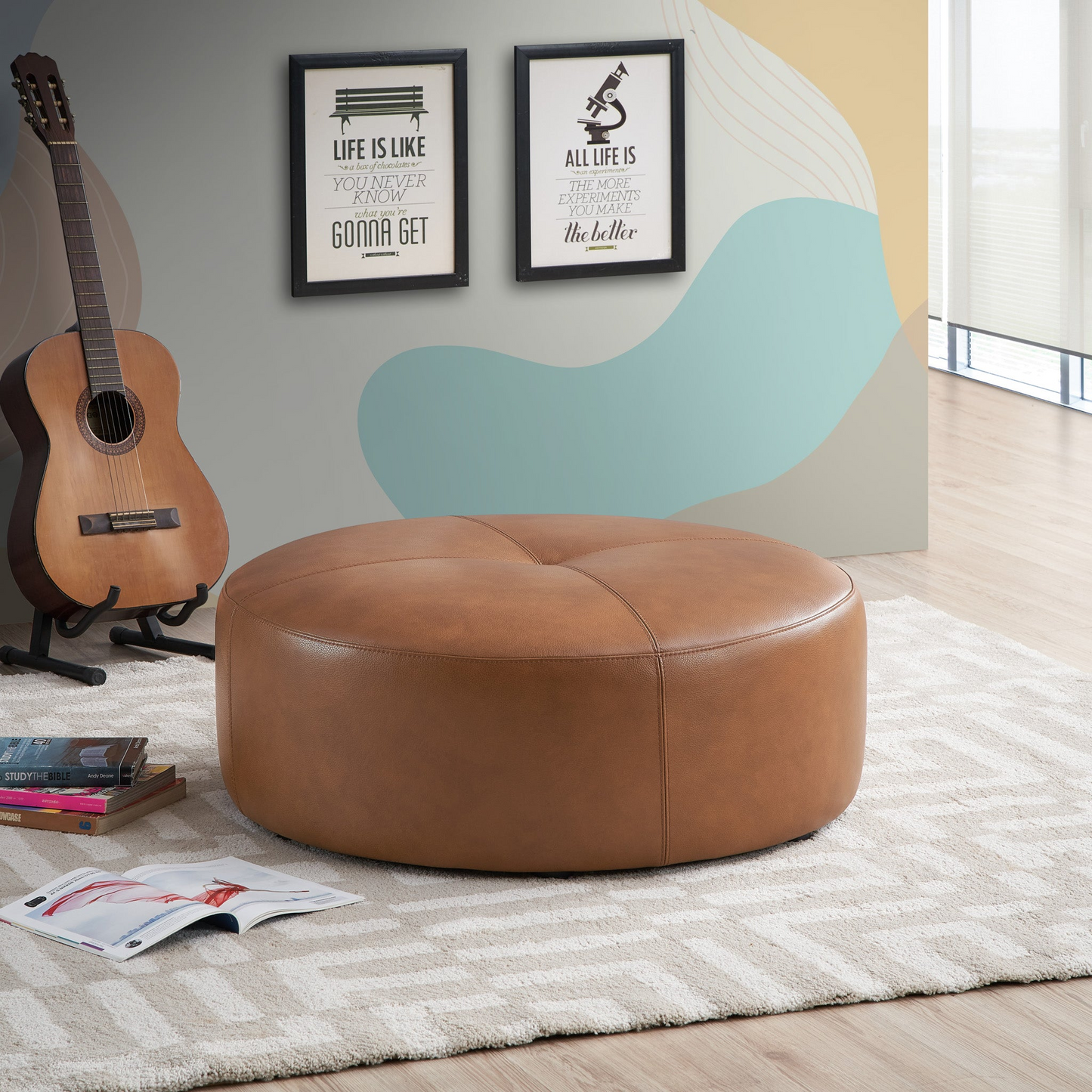 Rochelin Tan Leather Ottoman 36     Floor Footrest Cushion