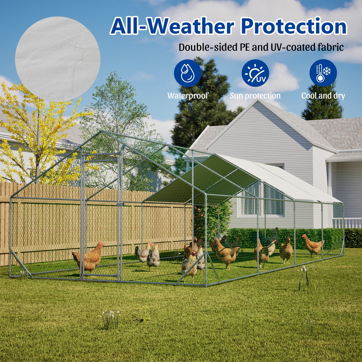 Large Metal Chicken Coop, Walk-in Chicken Run,Galvanized Wire Poultry Chicken Hen Pen Cage, Rabbits Duck Cages With Waterproof And Anti-Ultraviolet Cover For Outside 10 L X 26 W  6.56 H