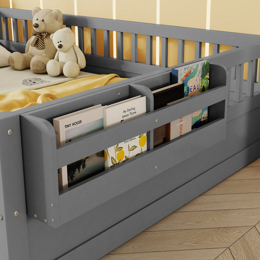 Full Montessori Floor Bed Frame With High Rails, Wood Kids Floor Beds With Light And Storage Shelf, GrayExpect Arrival Date 2025 8 15
