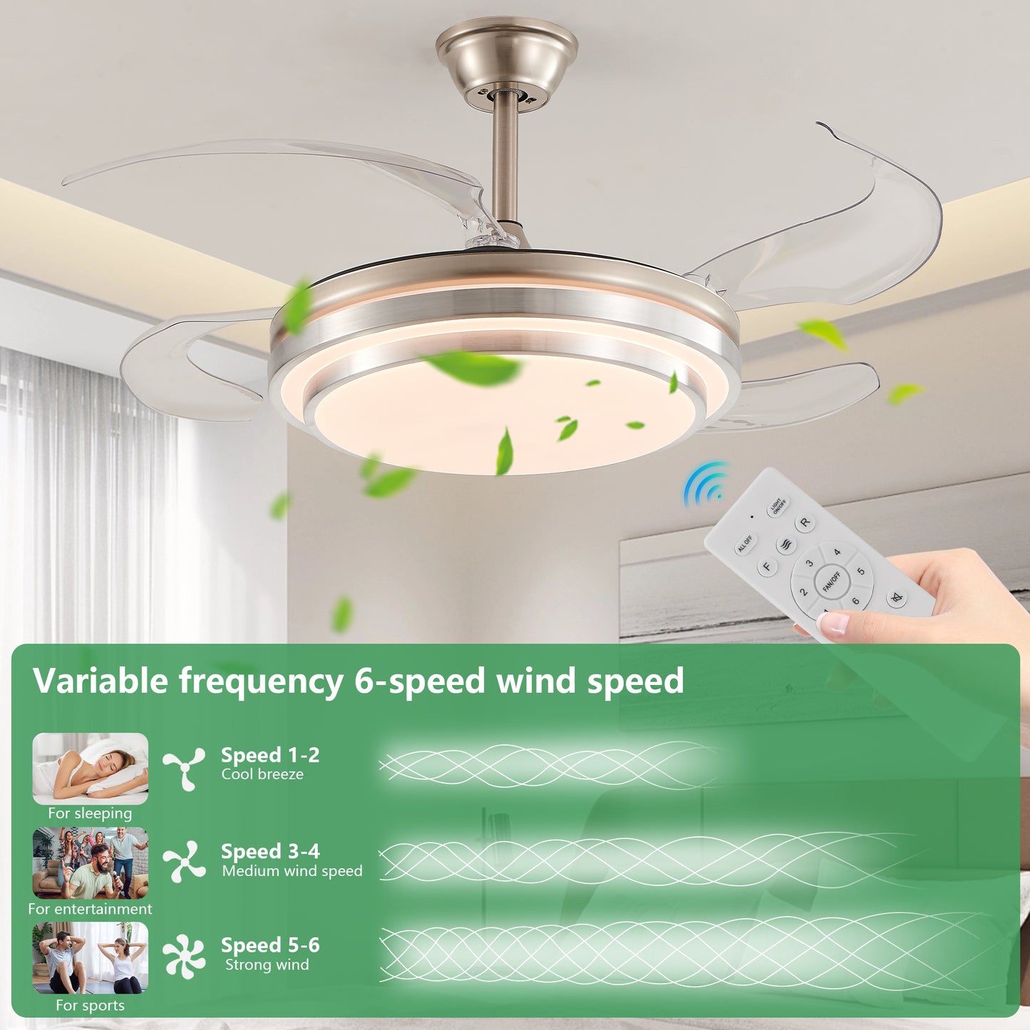 42 Inch 3 Tiers Design Modern LED Ceiling Fan With Light And Remote Control, Retractable Blades, Adjustable 6-Speed, Silent Operation DC Motor For Living Room, Bedroom, Dining Room