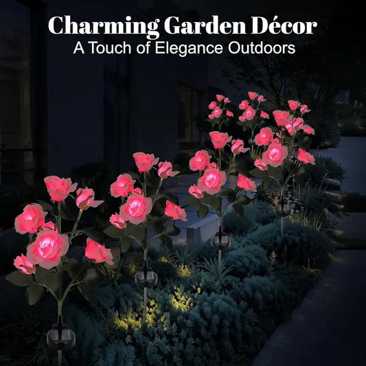 Solar Rose Lights Outdoor, 2 Pack With 14 Rose Flowers Waterproof Color Changing LED Flower Lights, Solar Powered Garden Stakes For Yard, Patio, Pathway Decor - Artificial Floral Decorative Lighting