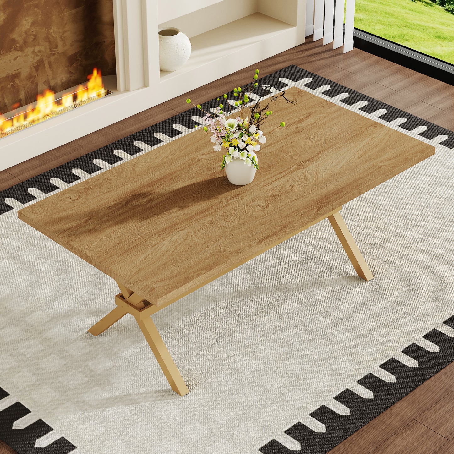 71   35.4 Inch Wood MDF Splicing Desktop, Light Wood MDF Splicing Desktop, Wood Sprayed Metal X-shaped Bracket Dining Table. The Modern Minimalist Restaurant Table Can Accommodate 6-8 People.