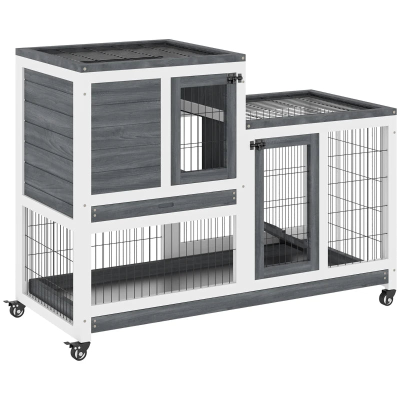 Wooden Rabbit Hutch Elevated Bunny Cage Indoor Small Animal Habitat With Enclosed Run With Wheels, Ramp, Removable Tray For Rabbits, Chickens, Ducks, Guinea Pigs, Gray