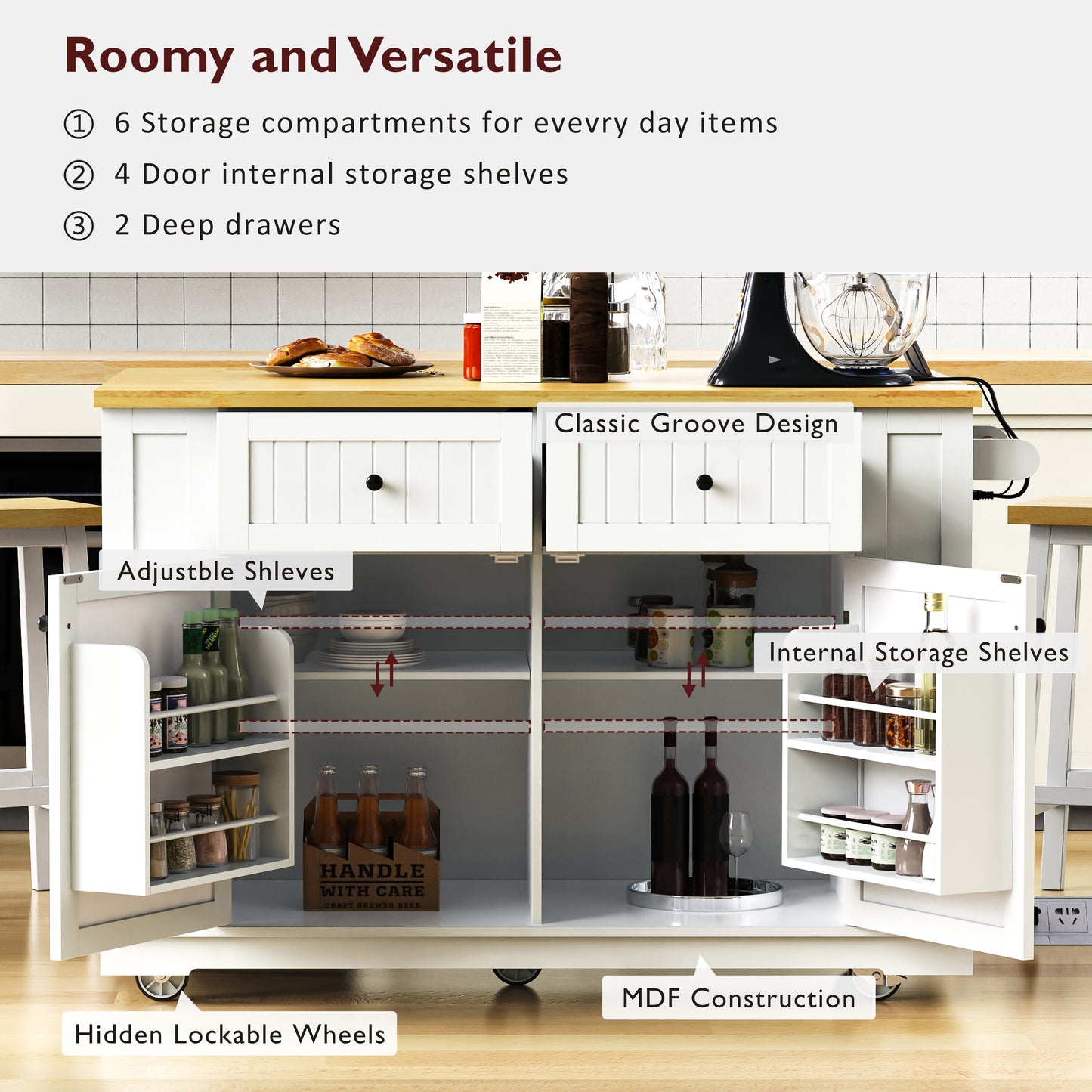48inch Kitchen Island With 2 Bar Stools, Power Outlet, Door Internal Storage Rack, Kitchen Storage Cart On 5 Wheels With Drop Leaf, 5 Side Racks, 2 Drawers,White  Old SKU N707S000015W  Three Packages