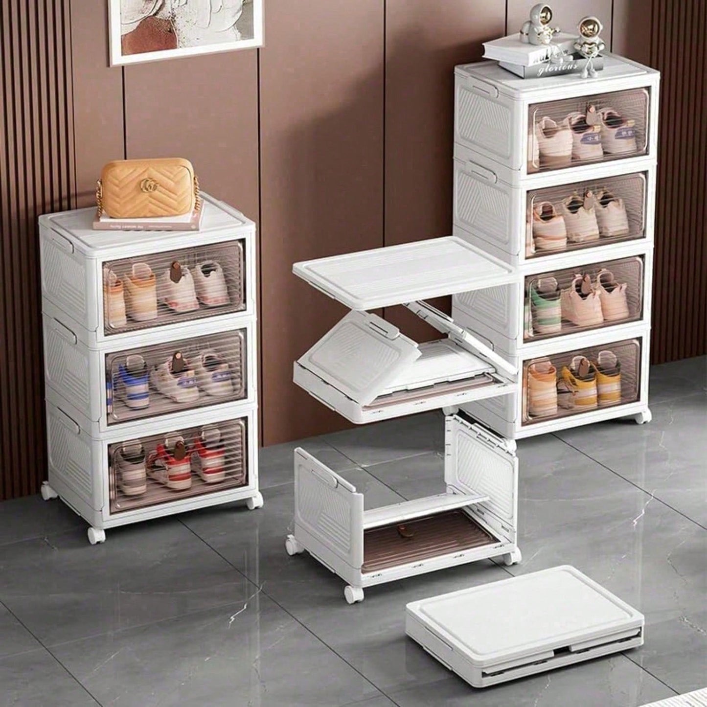 Stackable Shoe Storage Rack, Plastic Cabinet With Clear Doors For Home Use