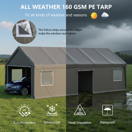13x26 FT Heavy Duty Carport Canopy With 2 Roll-Up Doors   1 Side Door, Removable End Walls & Windows, All-Weather Portable Garage Shelter For Car, Truck, Boat, Vehicle