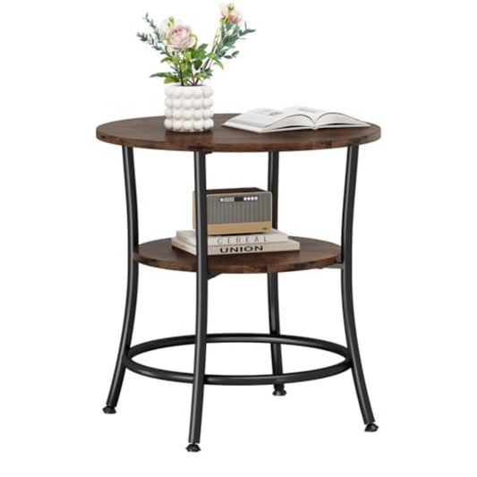 Side Round Table, Double-layer Decorative Side Table With Storage Shelves, Sturdy Metal Frame Round Bedside Cabinet
