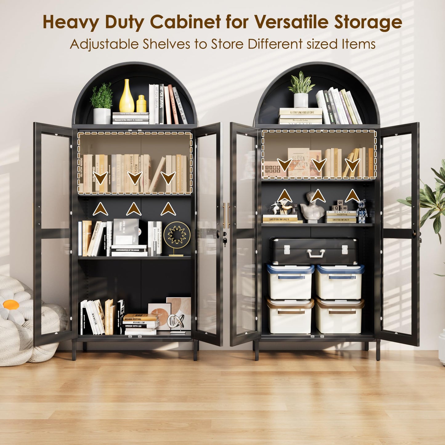 Metal Arched Cabinet With Lock, Arch Display Bookcase With Glass Doors Shelves, Modern Freestanding Kitchen Pantry Storage Cabinet For Dining Room, Home, Office, Assembly Required Black