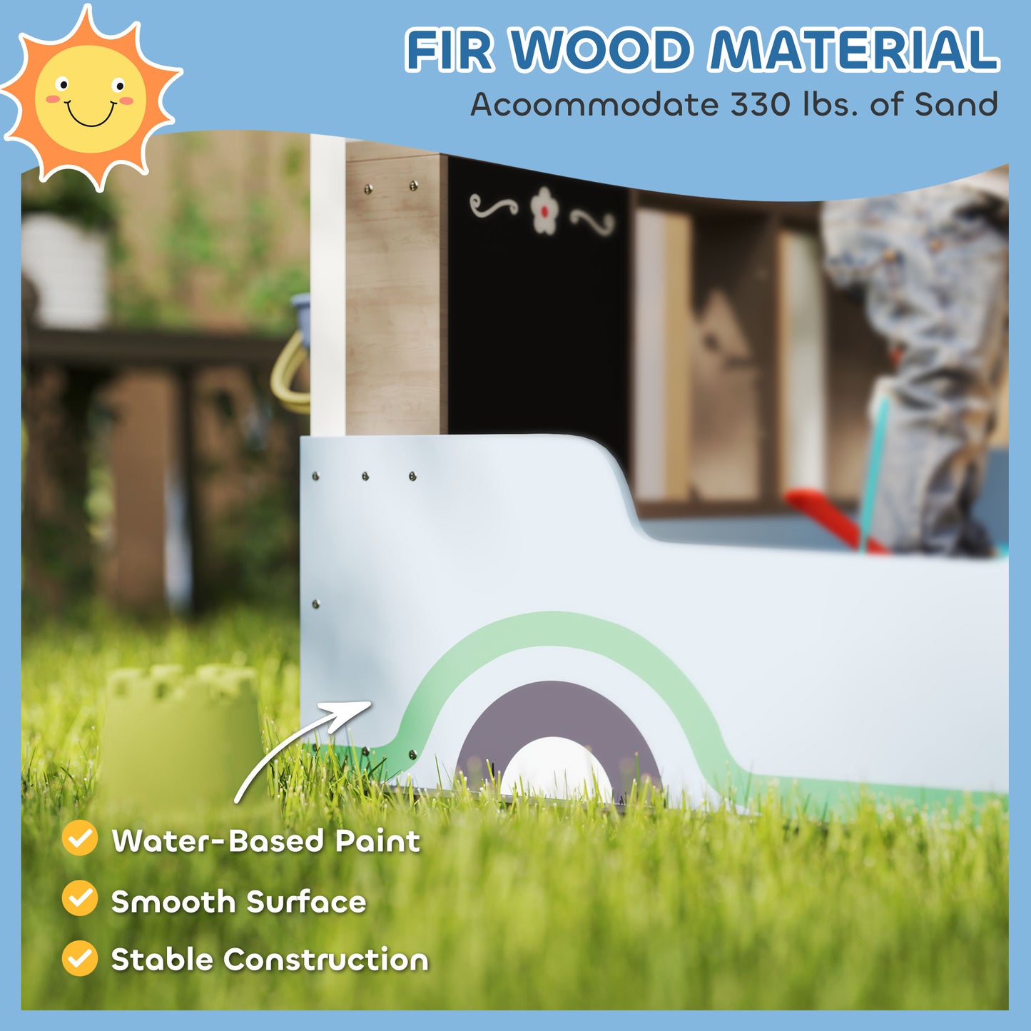 Kids Wooden Sandbox With Canopy With Bench Seats, Bottom Liner, Drawing Board, Planting Boxes For Backyard, Garden, Blue
