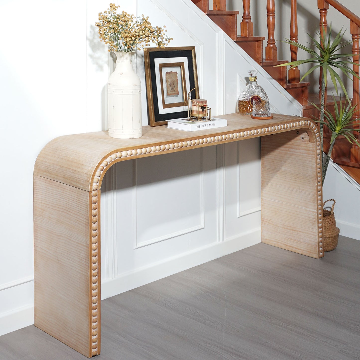 Natural Wood  Console Table, 59in Entryway Table, Curved Waterfall-style Table,Console Table With Wood Beads,Entrance Table For Entryway, Hallway, Living Room, Foyer, Corridor, Office