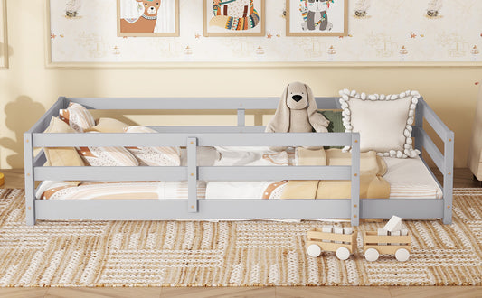 Twin Size Floor Bed, Montessori Floor Bed With Fence, Kids Montessori Bed Twin Size, Wood Montessori Floor Bed For Kids, Girls, Boys ,GRAY.
