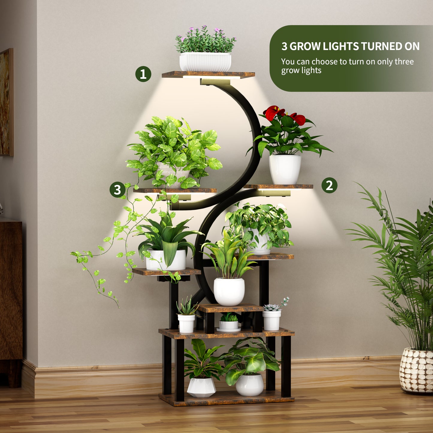 8-Tiered Indoor Plant Stand With 5 Grow Lights, 10-Level Stepless Dimming, Durable Thickened Metal Steel Pipe  0.8mm  For Living Room, Garden