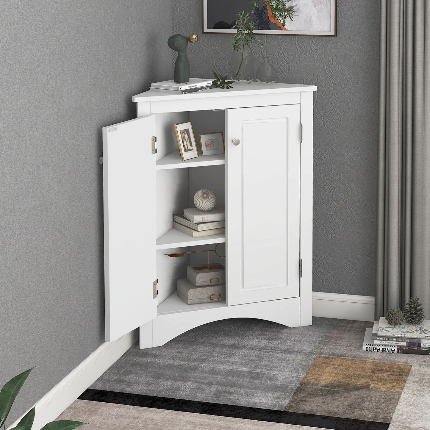 White Triangle Bathroom Storage Cabinet With Adjustable Shelves, Freestanding Floor Cabinet For Home Kitchen