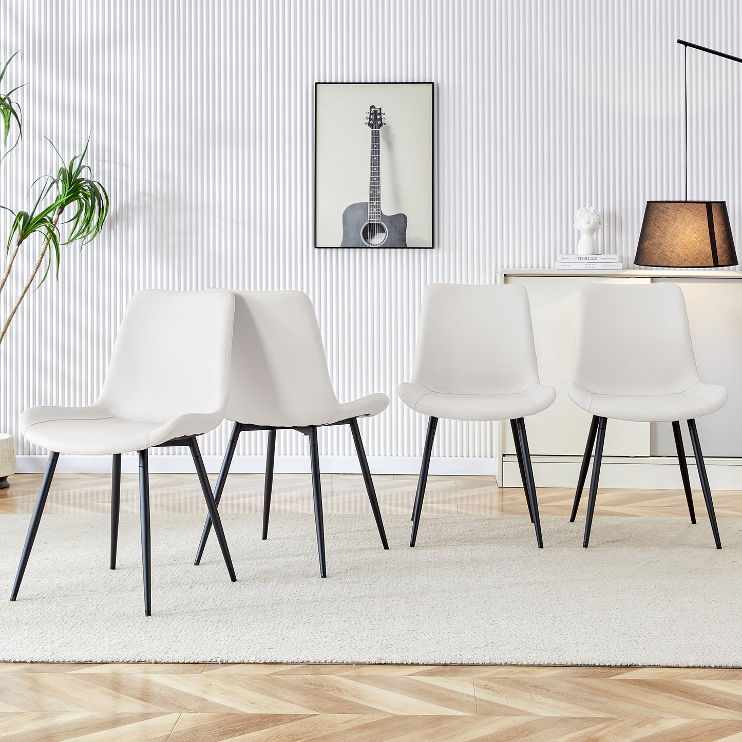 White Artificial Leather Backrest Cushion Dining Chair, Black Metal Legs, Curved Widened Cushion Design For More Comfort, Suitable For Restaurants, Kitchens, Bedrooms, Offices.  4 Chairs  W1151P180072