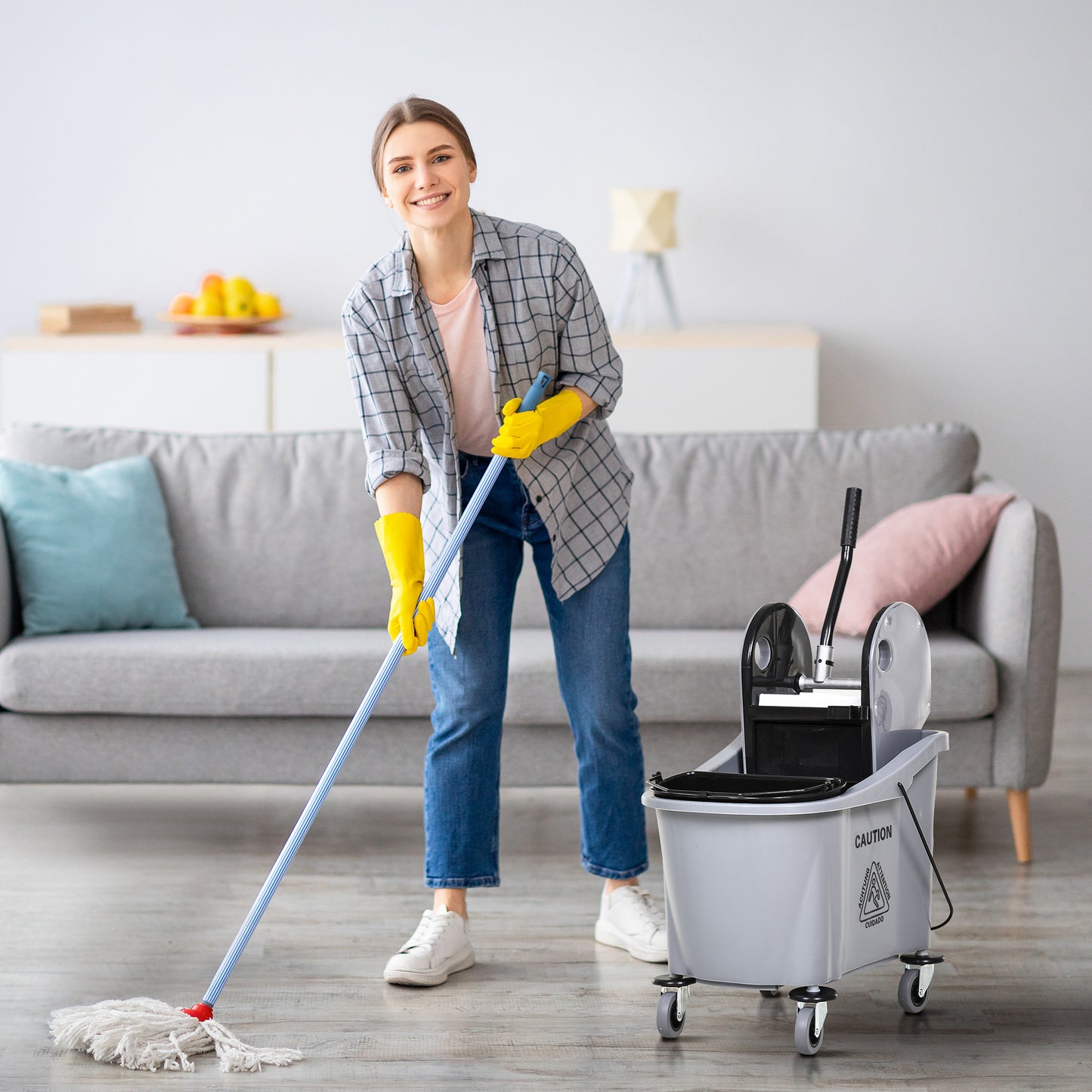 9.5 Gallon (38 Quart) Mop Bucket With Wringer Cleaning Cart, 4 Moving Wheels, 2 Separate Buckets, & Mop-Handle Holder, Grey