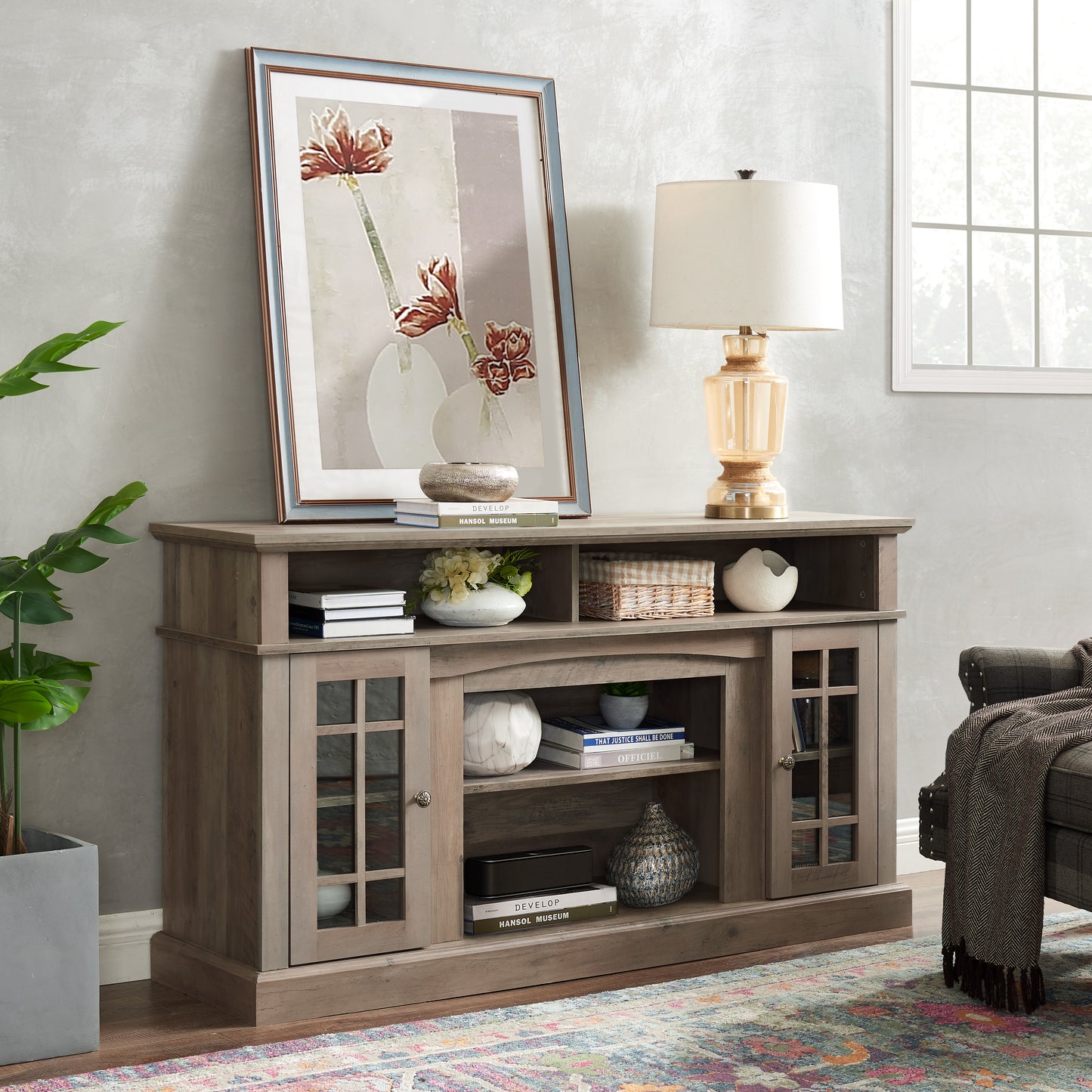 Classic TV Media Stand Modern Entertainment Console For TV Up To 65  With Open And Closed Storage Space, Gray Wash, 58.25 Wx15.75 Dx32 H