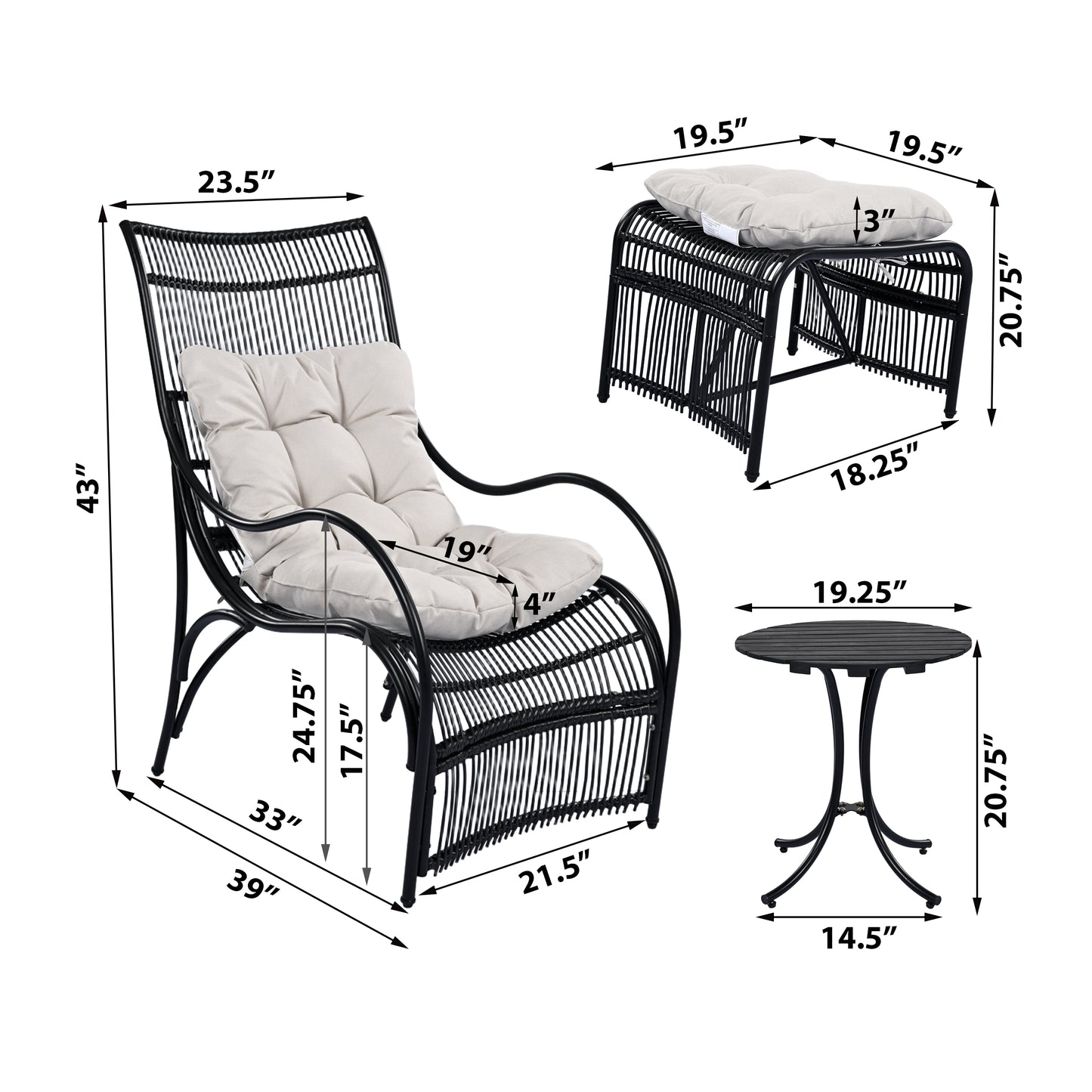 3 Pieces Wicker Outdoor Patio Furniture Set With Lounge Chair, Balcony Chairs Table Set With Cushions, Ottoman, Patio Conversation Sets For Garden ,Deck,and Porch, Black & Beige