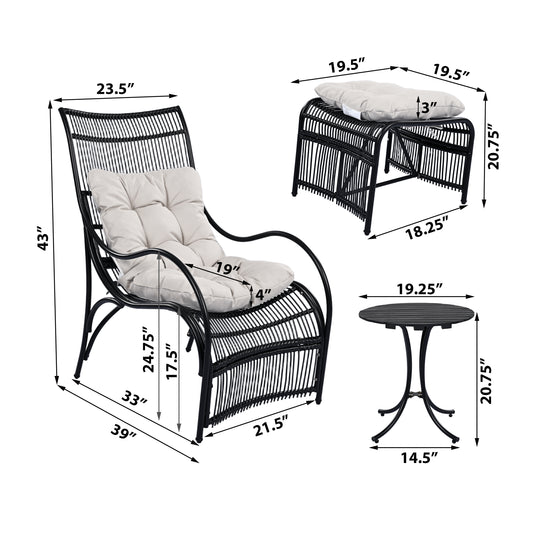 3 Pieces Wicker Outdoor Patio Furniture Set With Lounge Chair, Balcony Chairs Table Set With Cushions, Ottoman, Patio Conversation Sets For Garden ,Deck,and Porch, Black & Beige