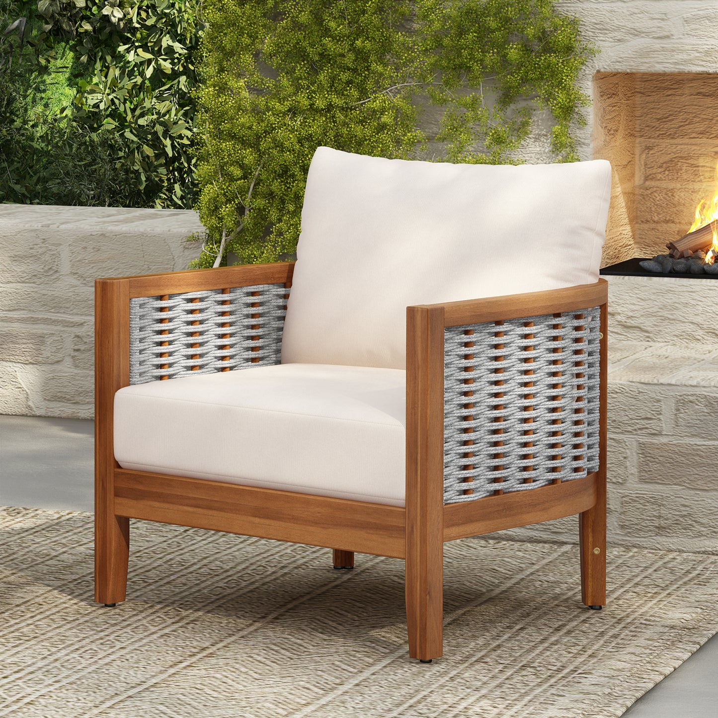 Outdoor Unique Tub Design Armchair With Woven Rope, Patio Furniture Acacia Wood Chair,  Deep Seating With Soft Cushions For Porch, Garden, Backyard, Balcony, Teak Finish & Beige Cushion