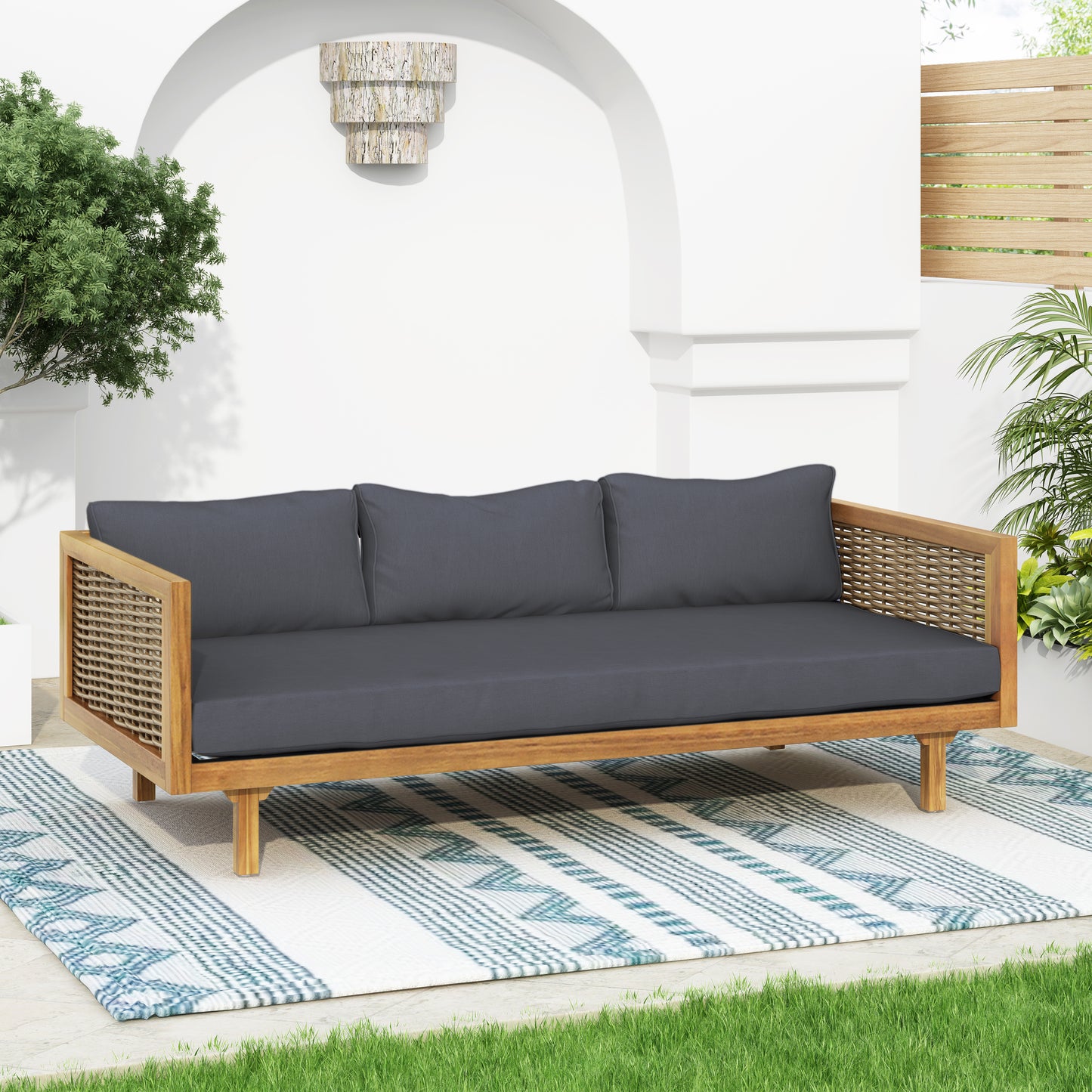 CLAREMONT 3 SEATER DAYBED WITH RATTAN ARMS  DARK GREY CUSHION