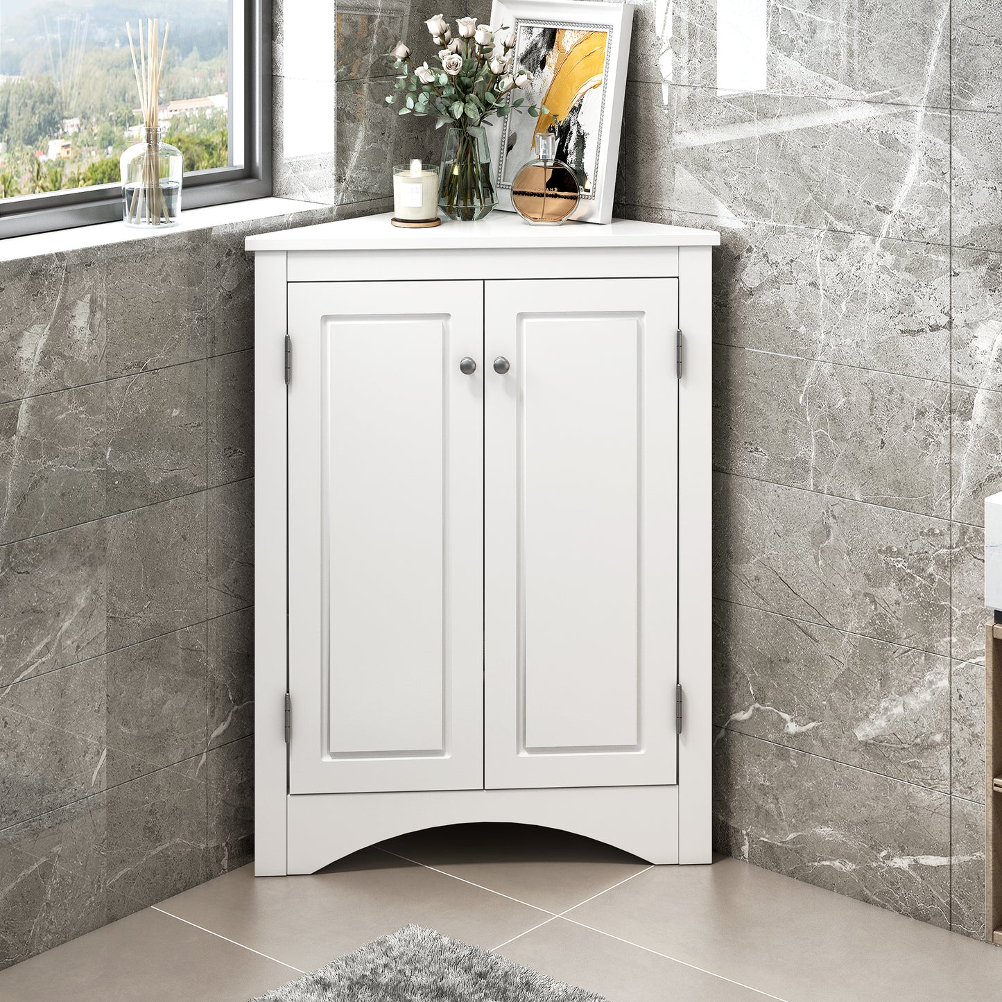 White Triangle Bathroom Storage Cabinet With Adjustable Shelves, Freestanding Floor Cabinet For Home Kitchen
