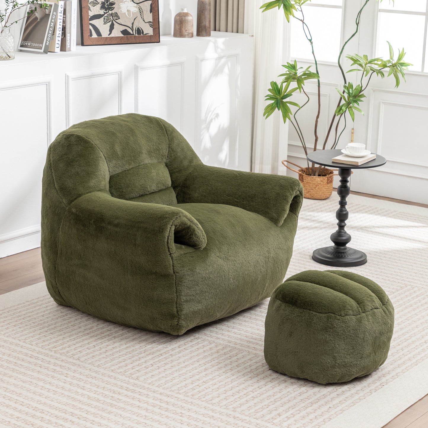 Bean Bag Chair, Comfy Bean Bag Sofa With Back Support, With Footstool,Faux Fur Bean Bag Chair For Adults And Kids, Stuffed Floor Sofa For Living Room, Bedroom, Apartment, Green